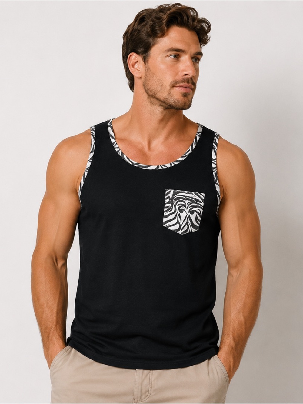 SHOUTHOUSE Zeebs Tank Top, Zebra Print Pocket & Trim, Men's Size XL